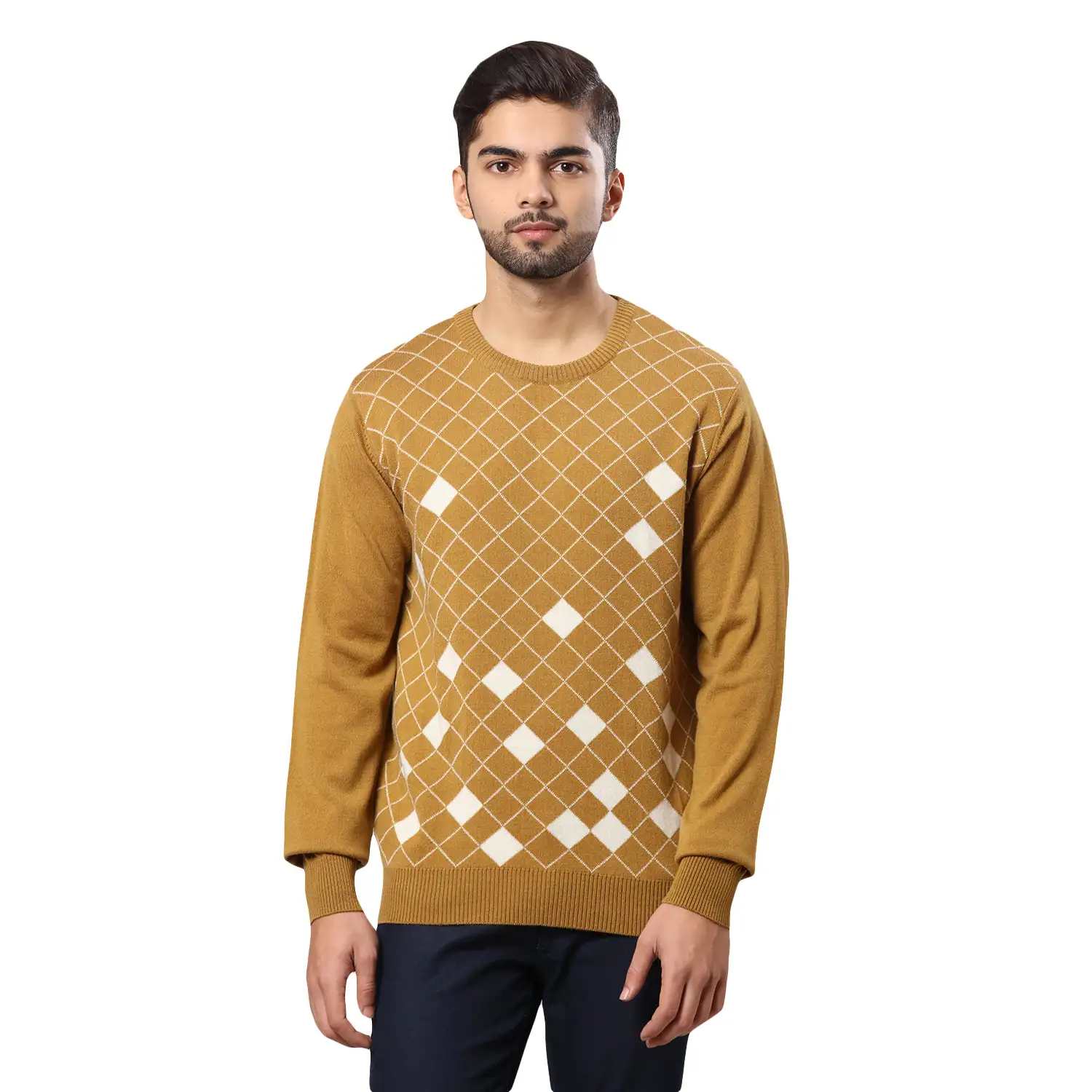 Raymond Men Yellow Argyle Acrylic Wool Blend Sweater