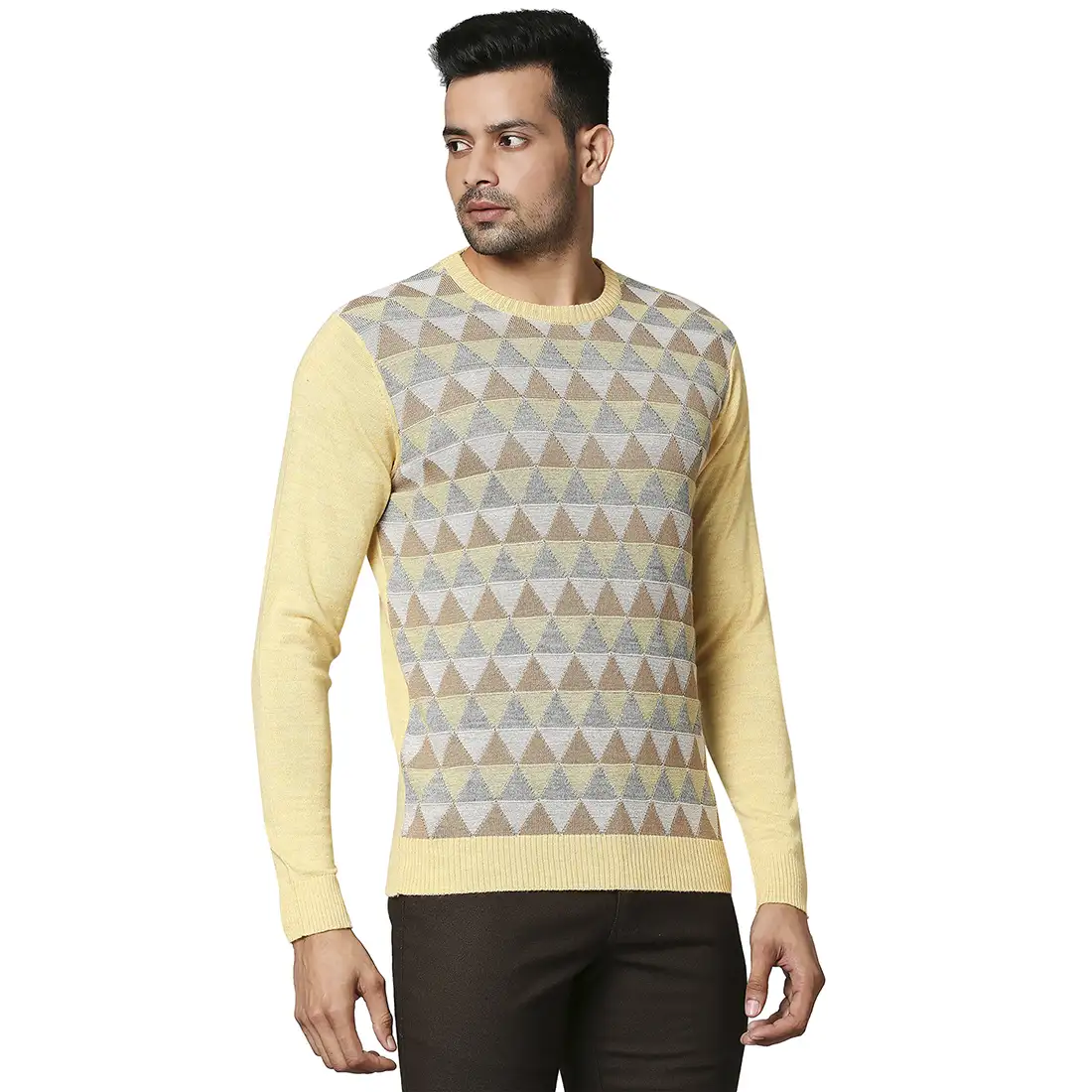 Men Yellow Argyle Wool Blend Full Sleeve V Neck Collar Sweaters - Image 2