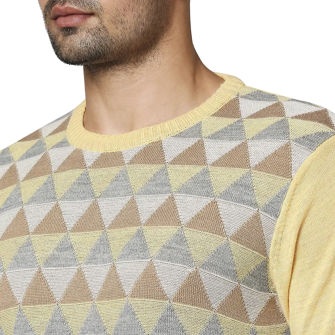 Men Yellow Argyle Wool Blend Full Sleeve V Neck Collar Sweaters - Image 6