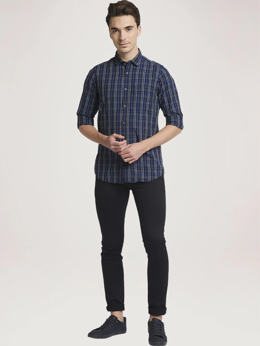 Men Yellow Contemporary Fit Checks Cotton Full Sleeve Shirts - Image 2