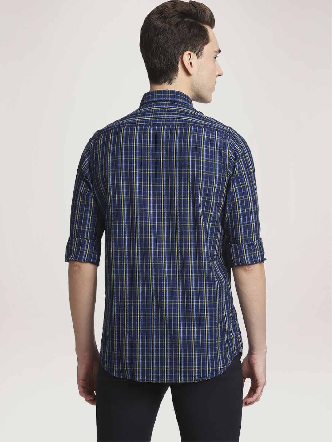 Men Yellow Contemporary Fit Checks Cotton Full Sleeve Shirts - Image 3