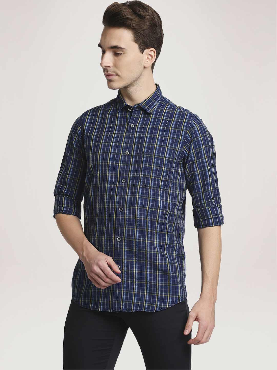 Men Yellow Contemporary Fit Checks Cotton Full Sleeve Shirts - Image 4