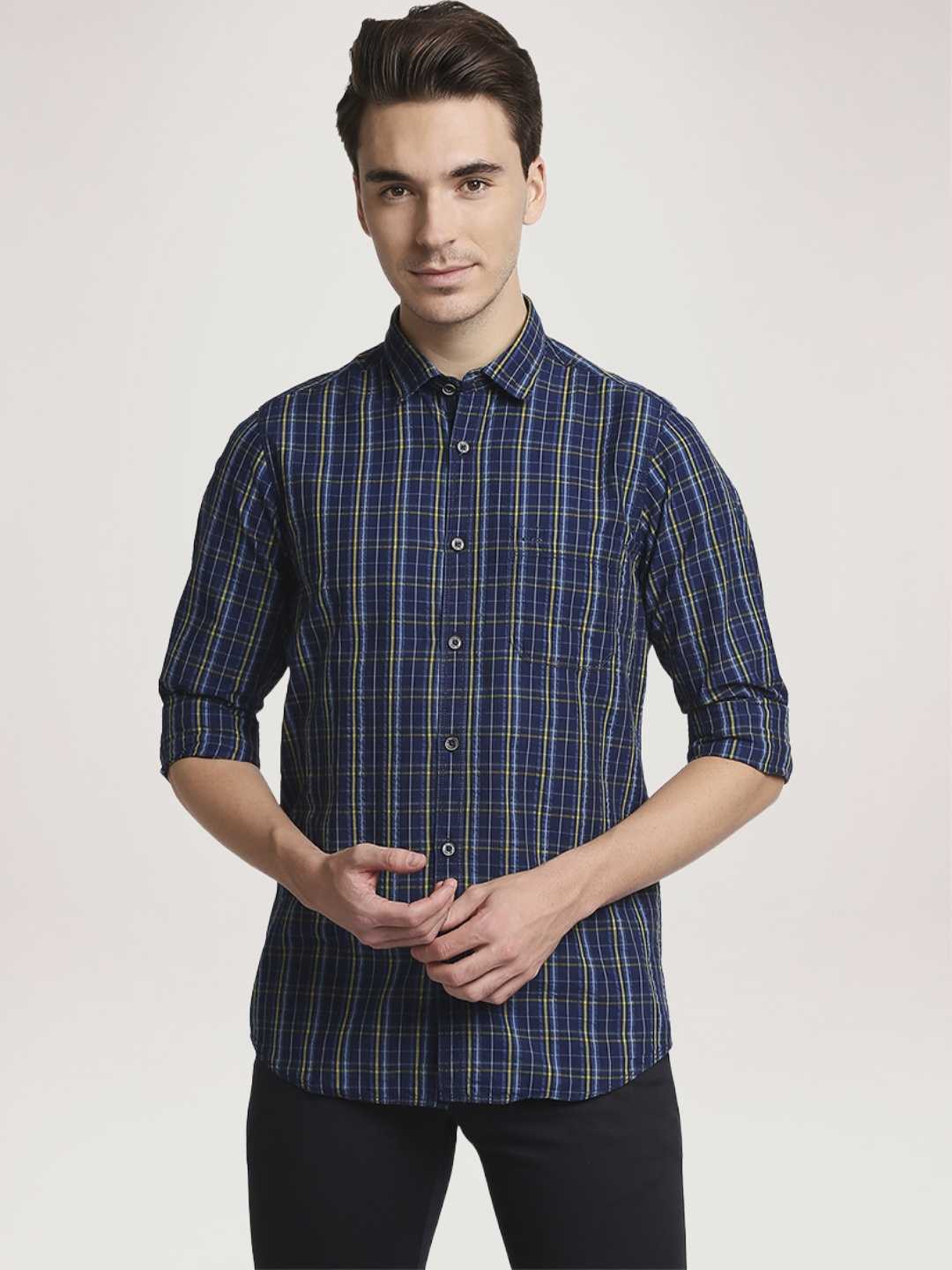 Men Yellow Contemporary Fit Checks Cotton Full Sleeve Shirts - Image 5