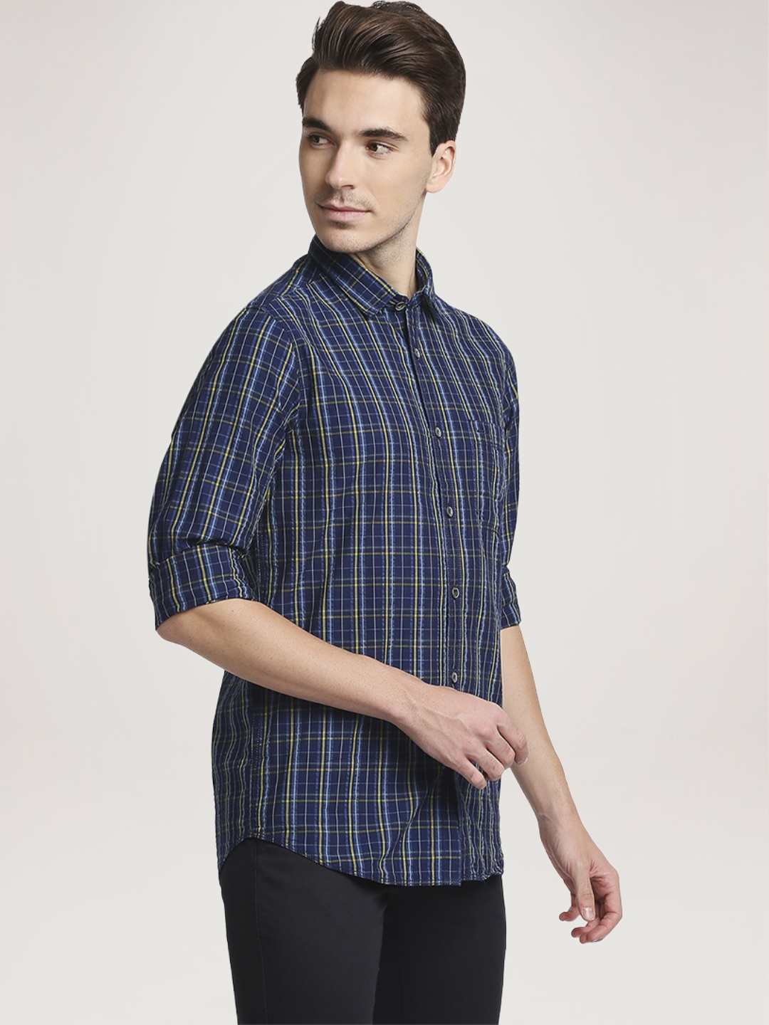 Men Yellow Contemporary Fit Checks Cotton Full Sleeve Shirts - Image 6