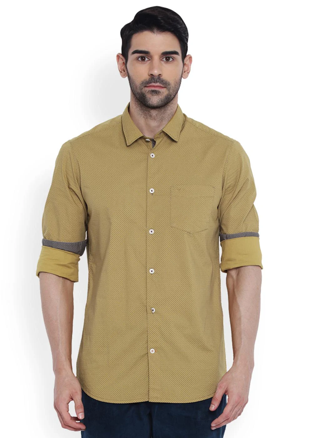 Men Yellow Contemporary Fit Print Cotton Full Sleeve Shirts