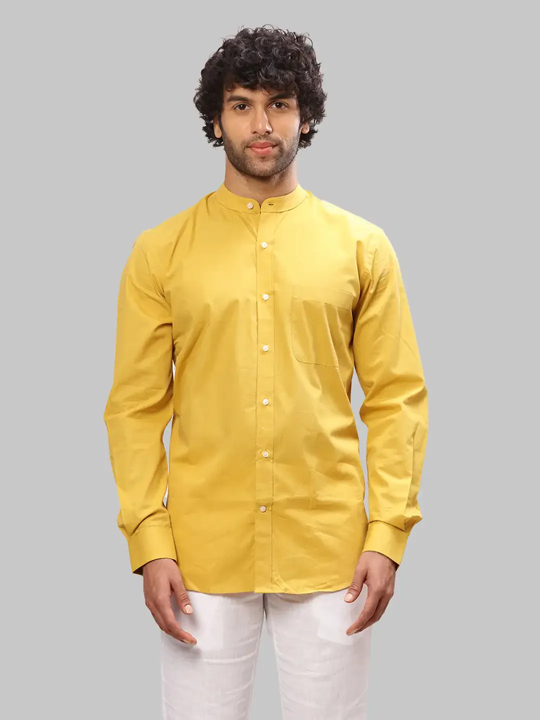 Men Yellow Contemporary Fit Solid Cotton Full Sleeve Shirts