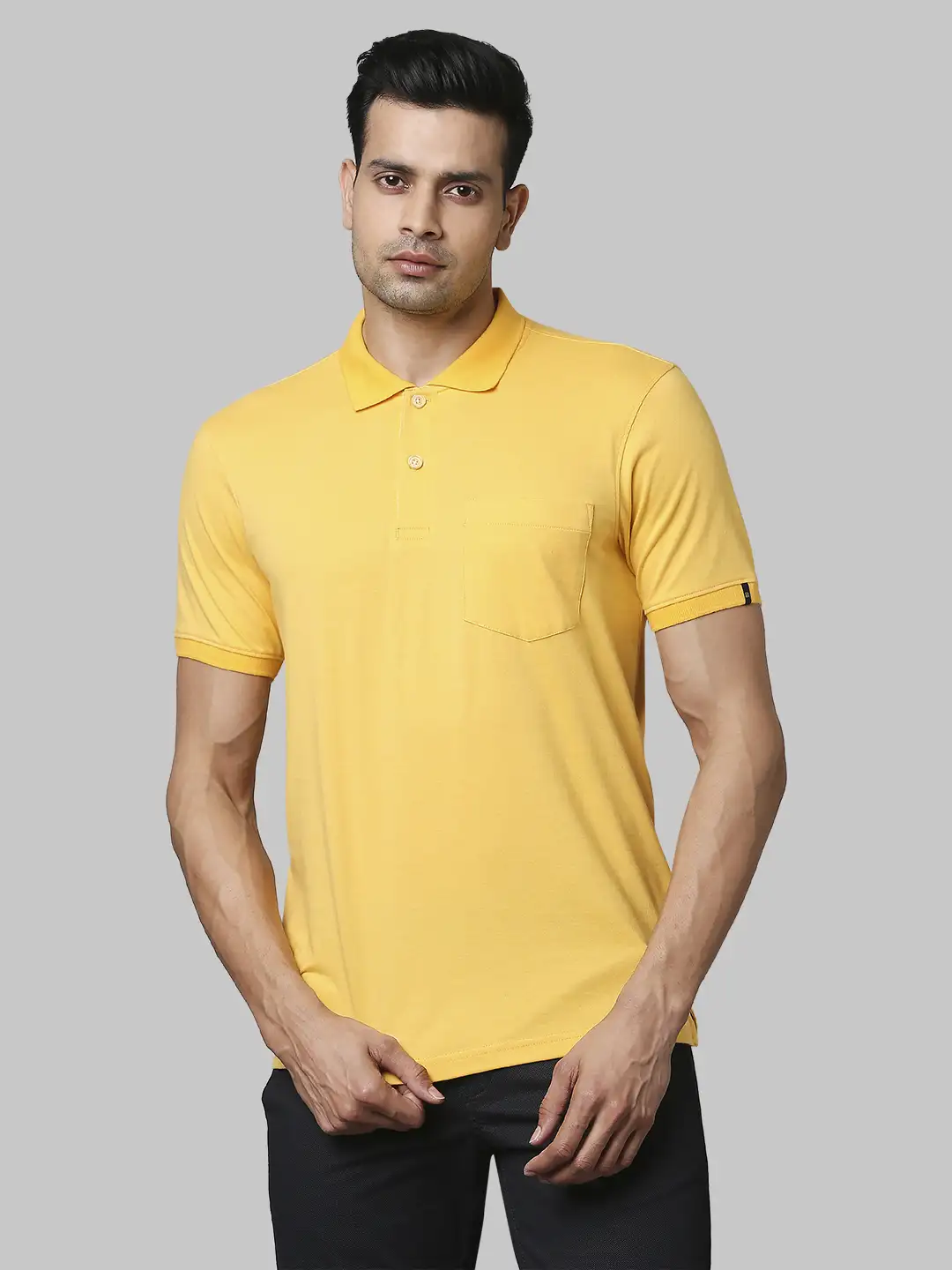 Men Yellow Contemporary Fit Solid Cotton Polo T-Shirt