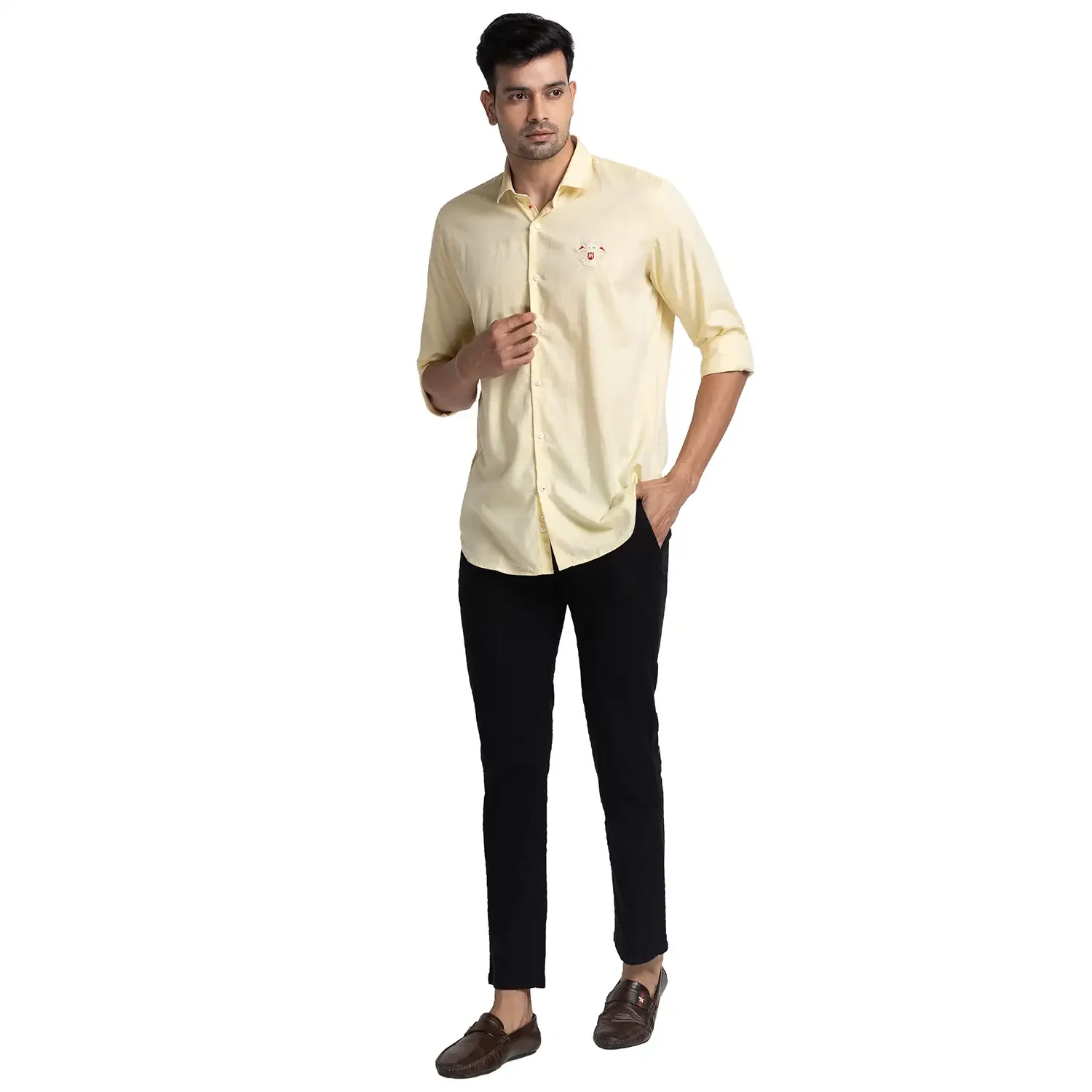 Men Yellow Contemporary Fit Solid Cotton Shirts - Image 5