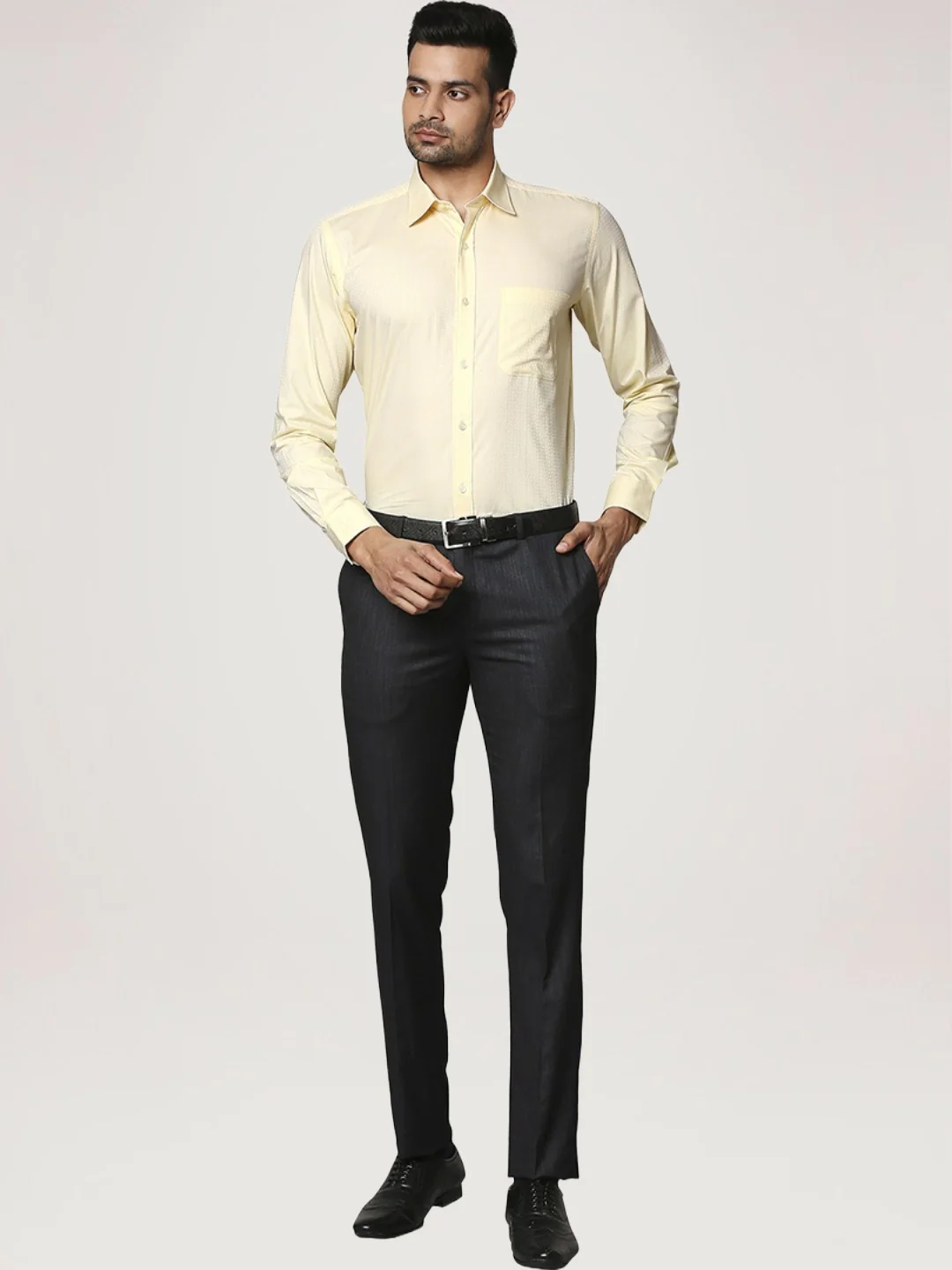 Men Yellow Contemporary Fit Structure Cotton Full Sleeve Shirts - Image 2