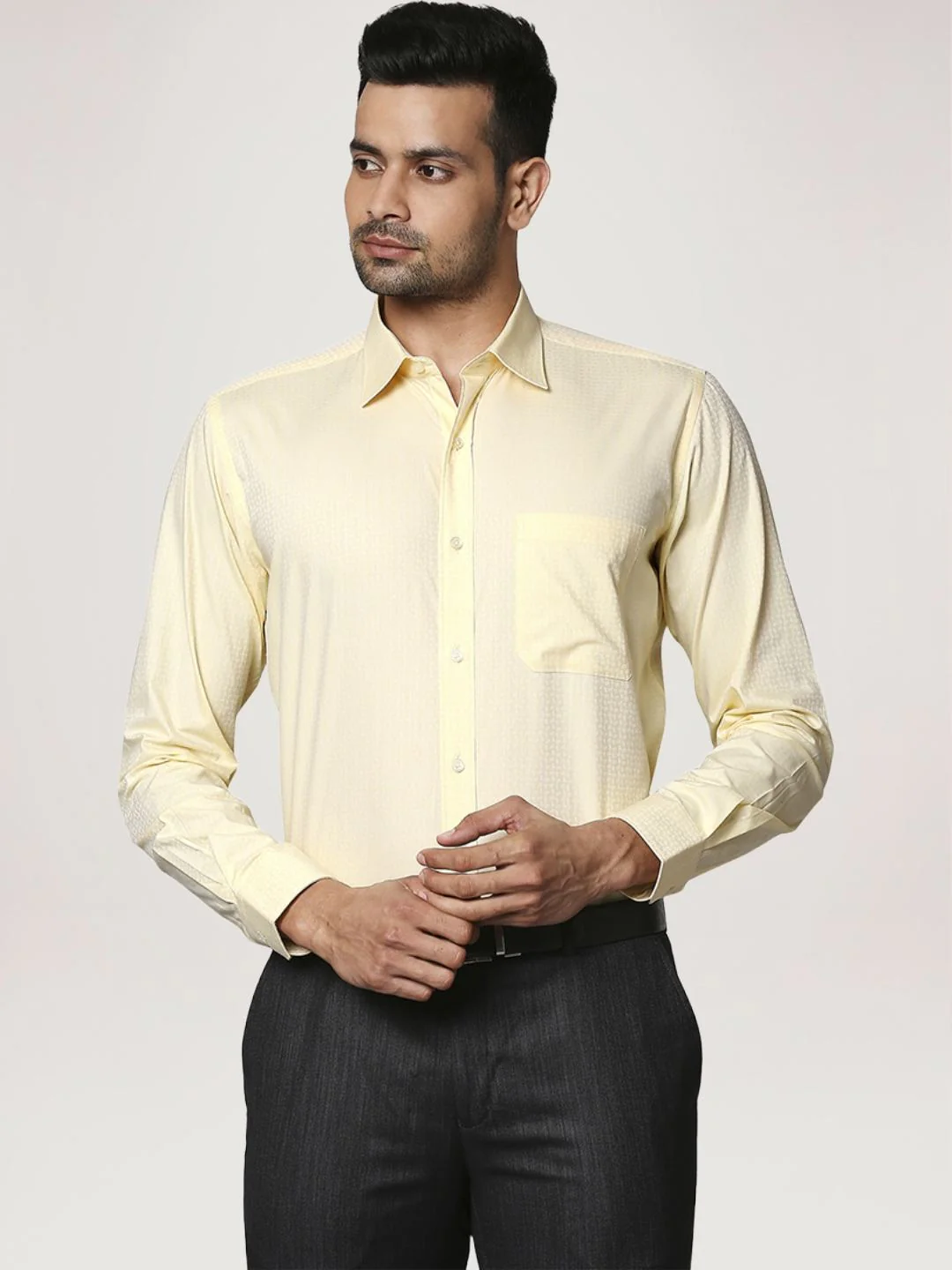 Men Yellow Contemporary Fit Structure Cotton Full Sleeve Shirts - Image 4