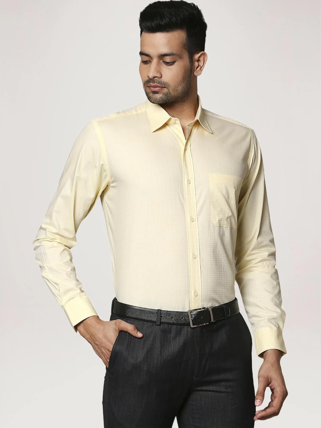 Men Yellow Contemporary Fit Structure Cotton Full Sleeve Shirts - Image 5