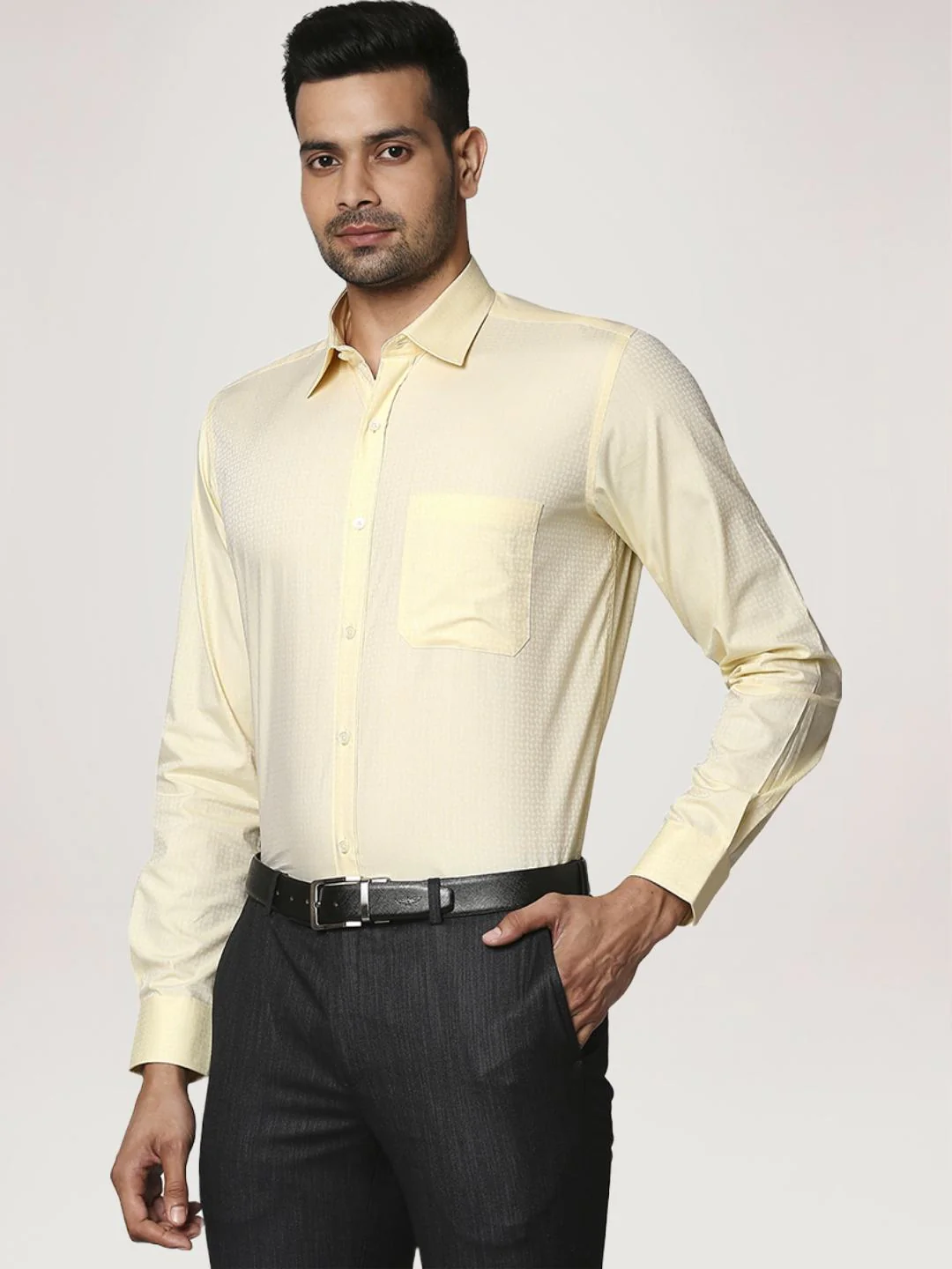 Men Yellow Contemporary Fit Structure Cotton Full Sleeve Shirts - Image 6