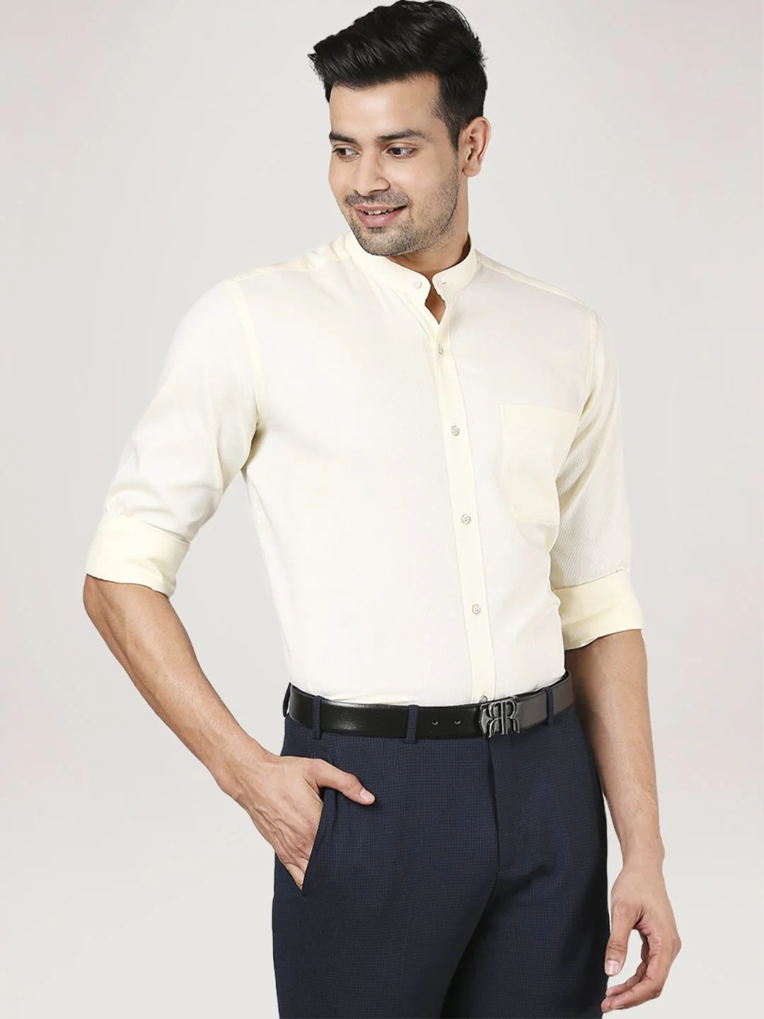 Men Yellow Contemporary Fit Structure Cotton Full Sleeve Shirts - Image 5