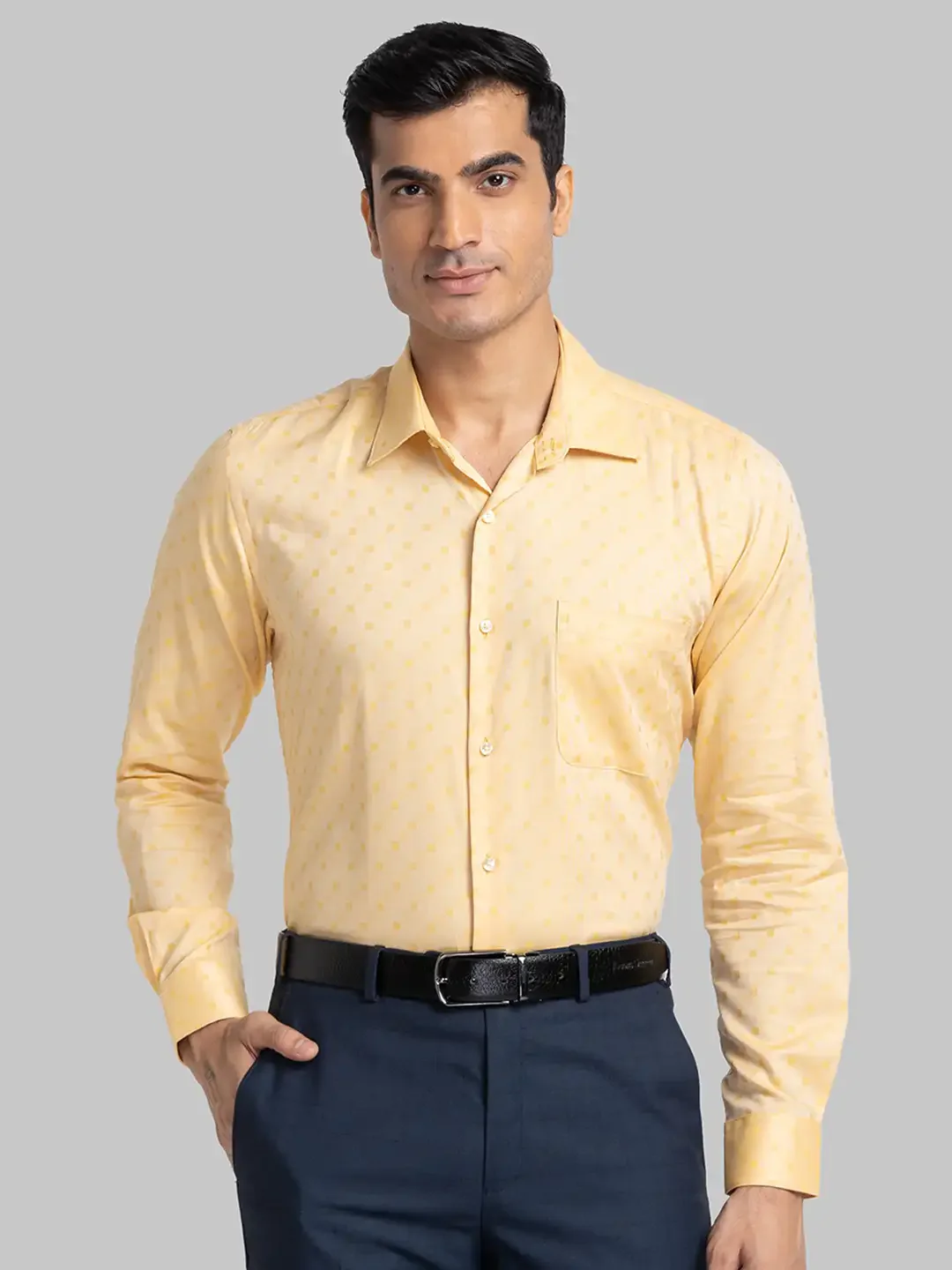 Men Yellow Contemporary Fit Structure Cotton Full Sleeve Shirts