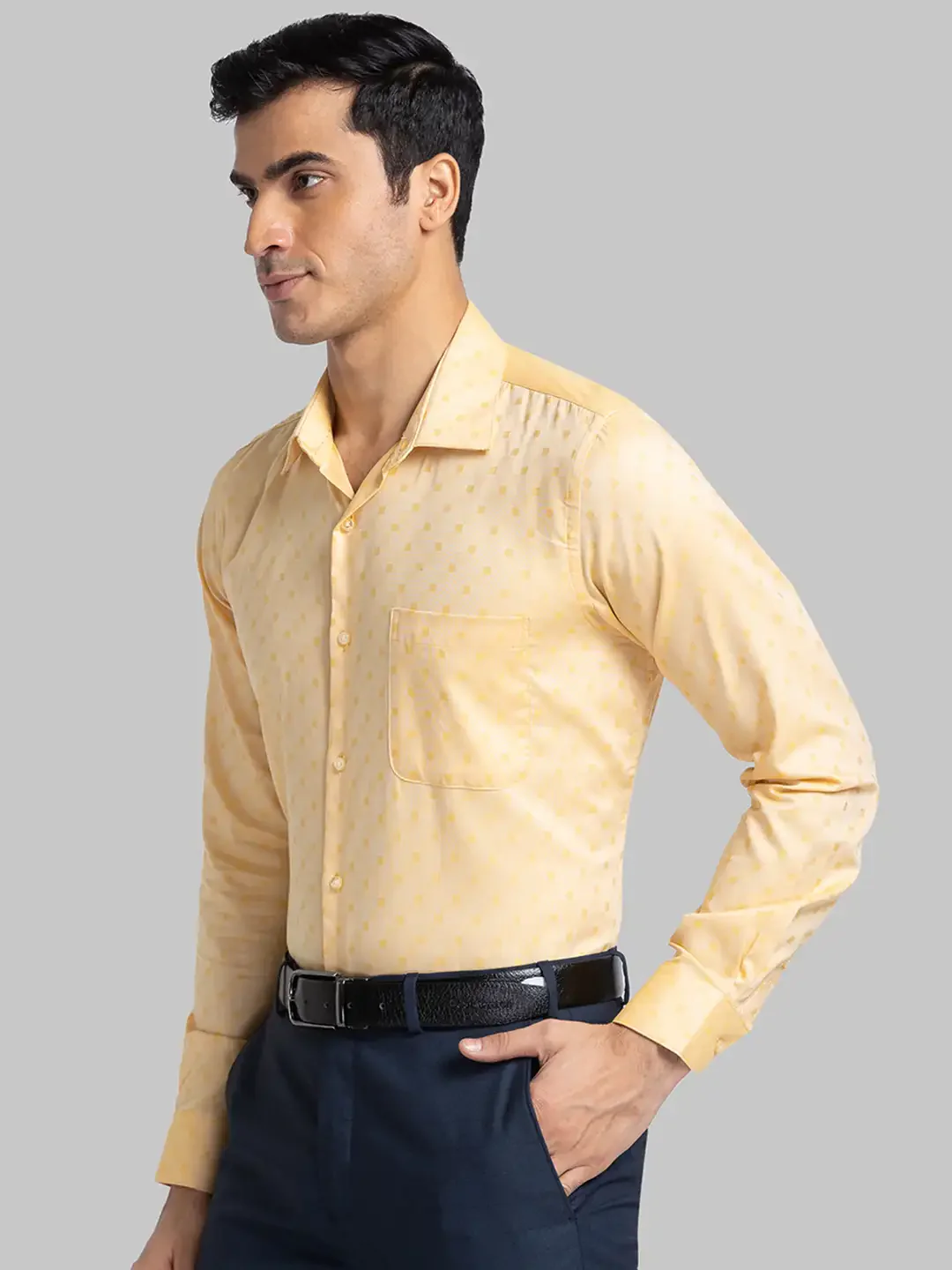 Men Yellow Contemporary Fit Structure Cotton Full Sleeve Shirts - Image 3