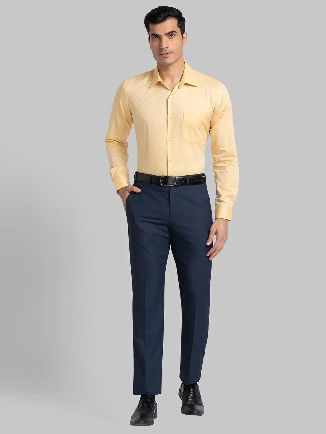 Men Yellow Contemporary Fit Structure Cotton Full Sleeve Shirts - Image 5