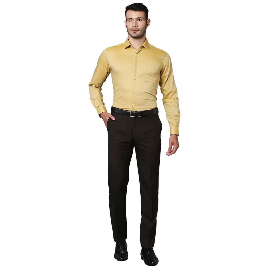 Men Yellow Contemporary Fit Structure Cotton Shirts - Image 5