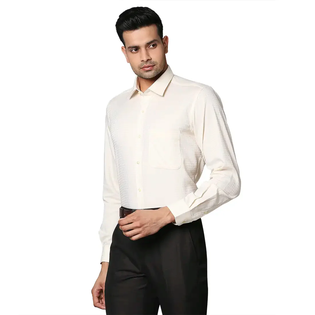 Men Yellow Contemporary Fit Structure Cotton Shirts - Image 3