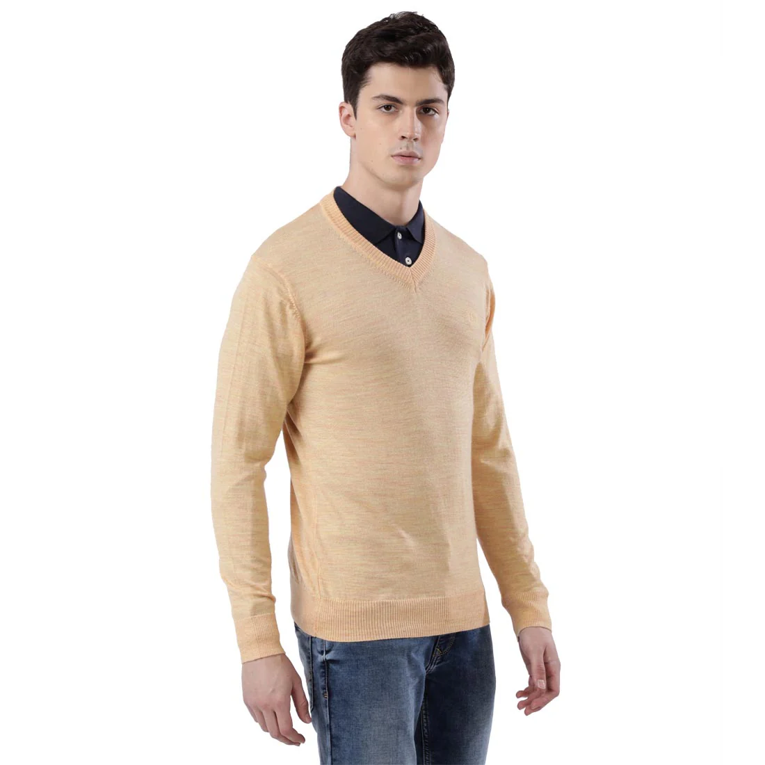 Men Yellow Contemporary Fit Wool Blend V Neck Collar Sweaters - Image 2