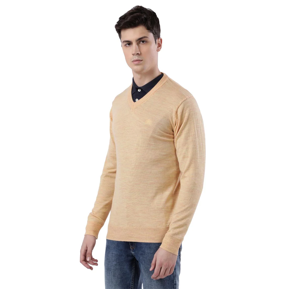 Men Yellow Contemporary Fit Wool Blend V Neck Collar Sweaters - Image 3