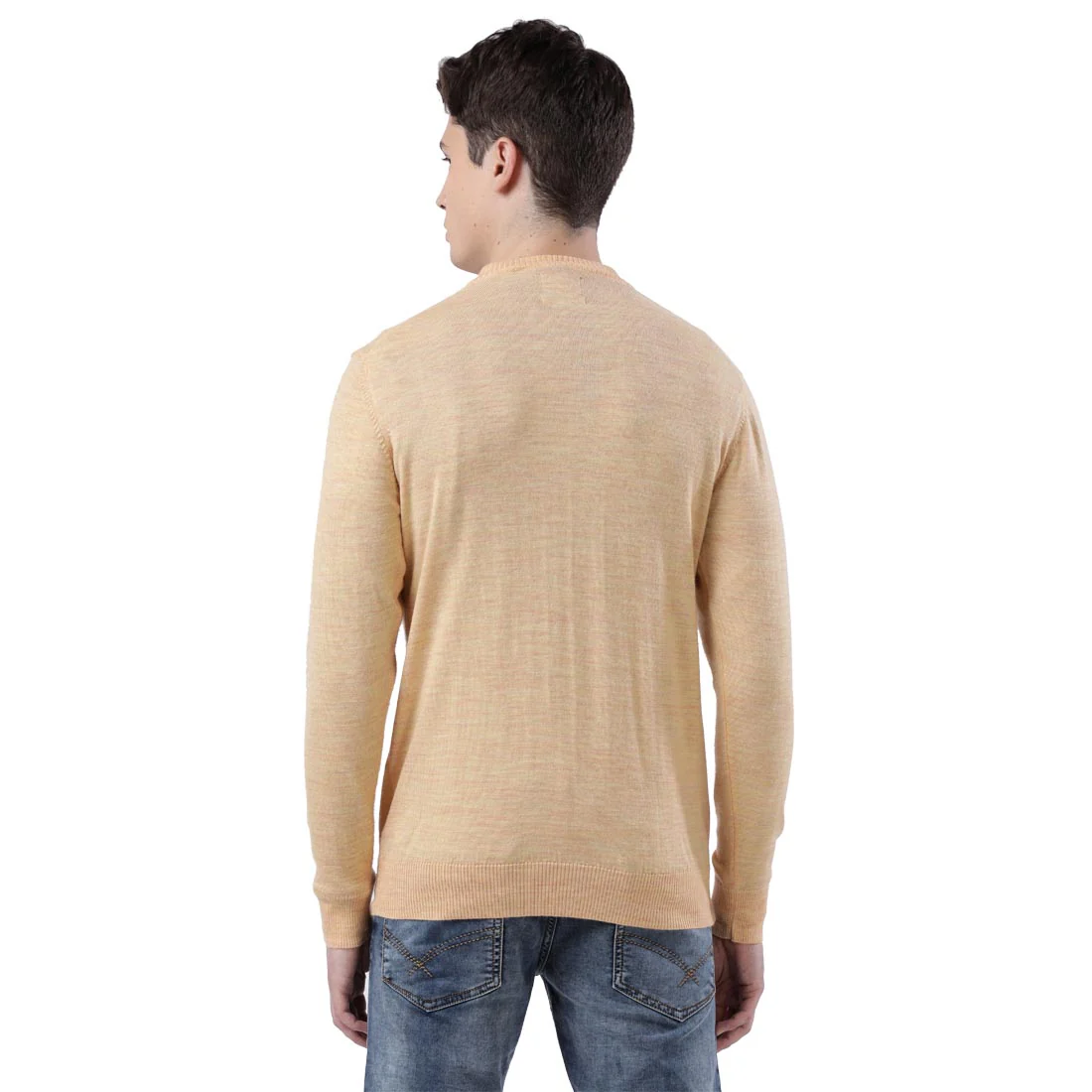 Men Yellow Contemporary Fit Wool Blend V Neck Collar Sweaters - Image 4