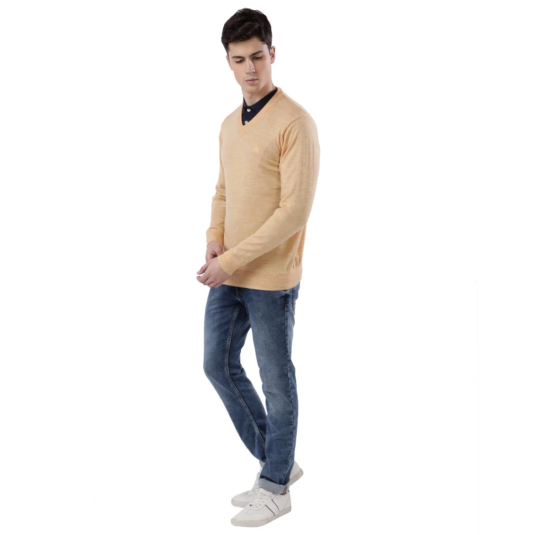 Men Yellow Contemporary Fit Wool Blend V Neck Collar Sweaters - Image 5