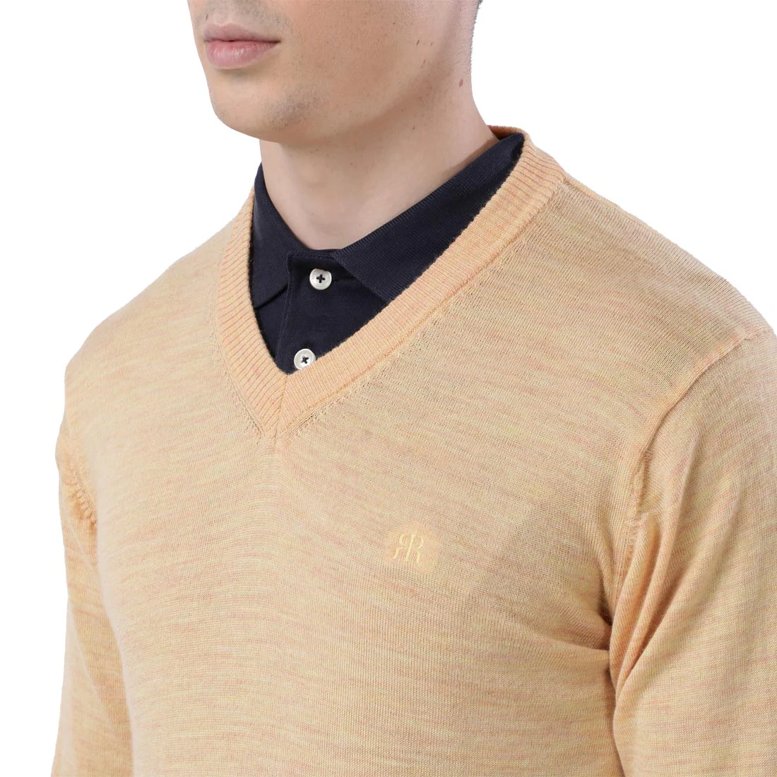 Men Yellow Contemporary Fit Wool Blend V Neck Collar Sweaters - Image 6
