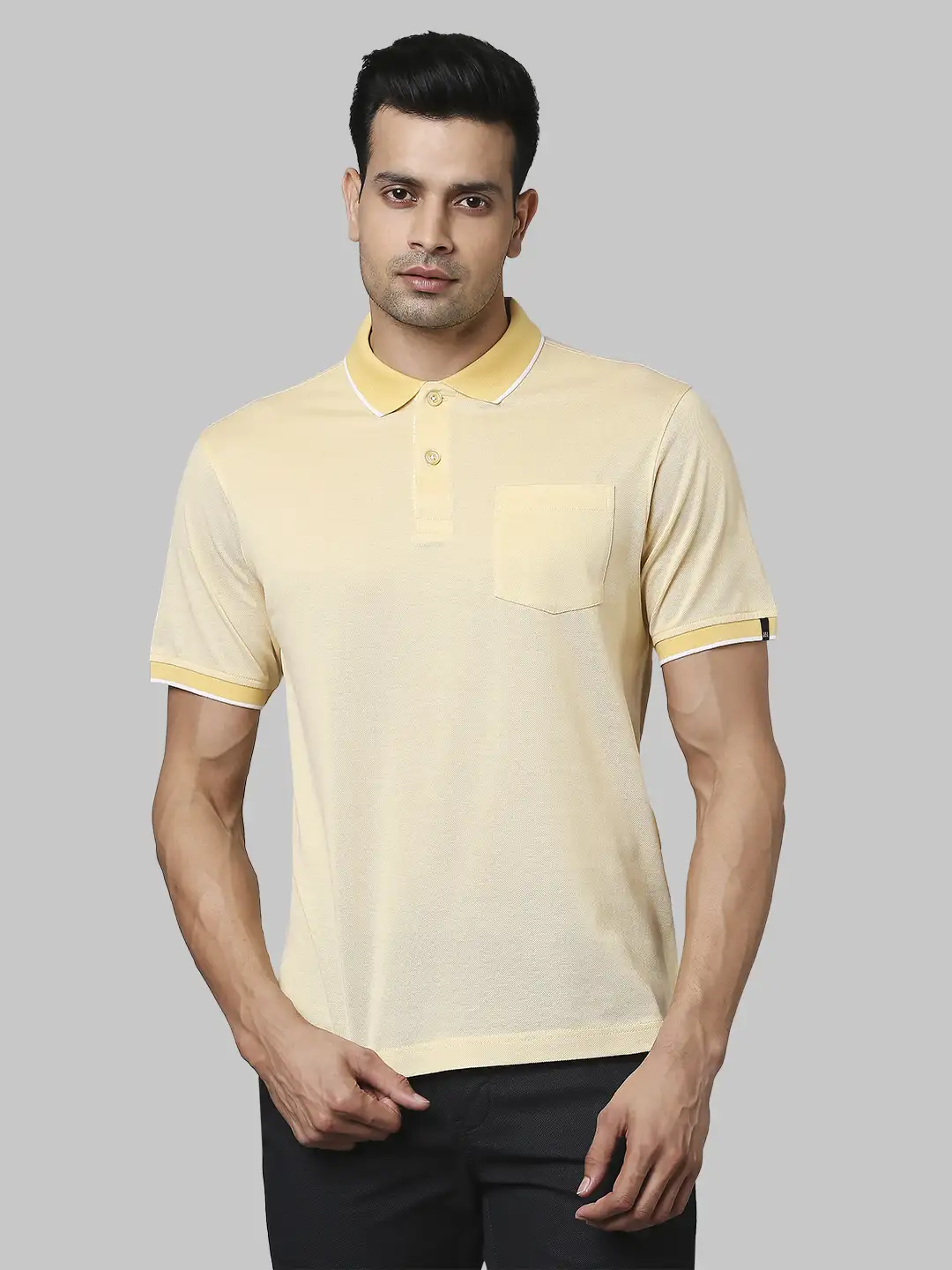 Men Yellow Contemporary Fit Yarn Dyed Cotton Polo T-Shirt