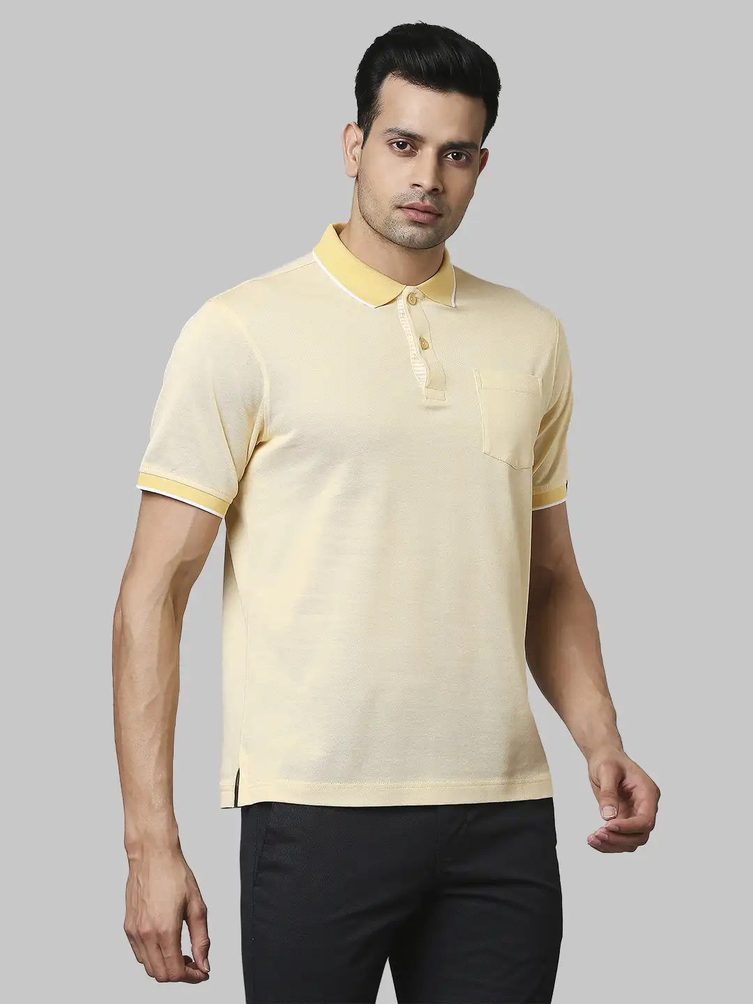 Men Yellow Contemporary Fit Yarn Dyed Cotton Polo T-Shirt - Image 2