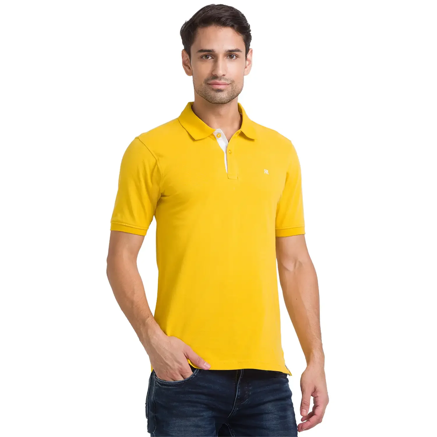 Men Yellow Modern Fit Solid Cotton Polo T-Shirt