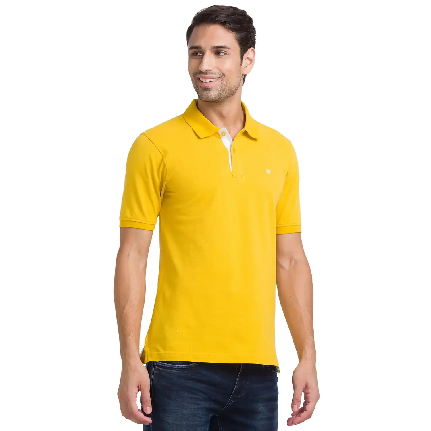 Men Yellow Modern Fit Solid Cotton Polo T-Shirt - Image 2