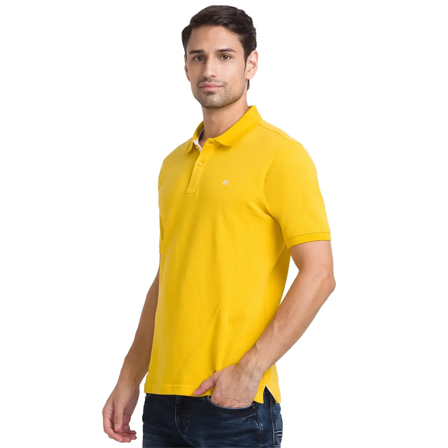 Men Yellow Modern Fit Solid Cotton Polo T-Shirt - Image 3