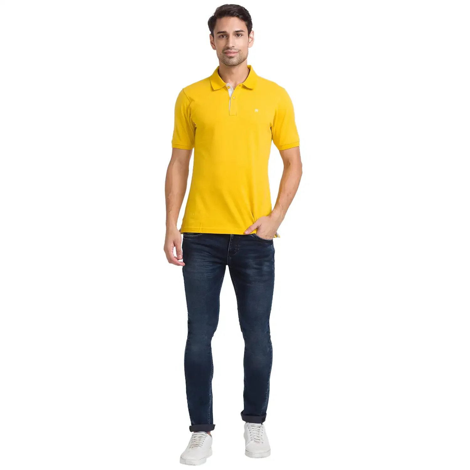 Men Yellow Modern Fit Solid Cotton Polo T-Shirt - Image 5