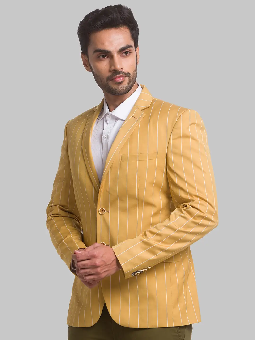 Park Avenue Men Yellow Neo Fit Stripe Formal Jacket - Image 3