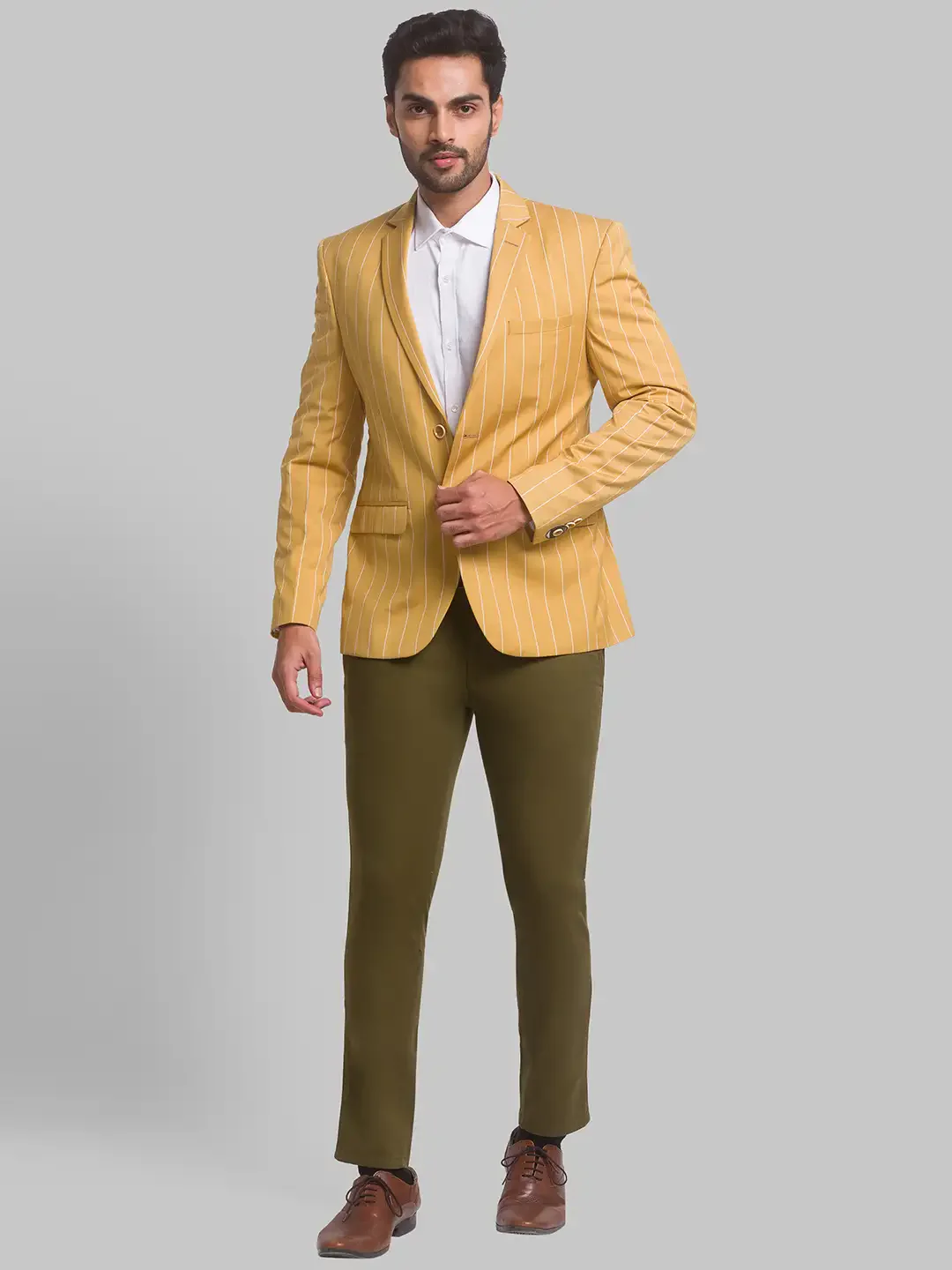 Park Avenue Men Yellow Neo Fit Stripe Formal Jacket - Image 5
