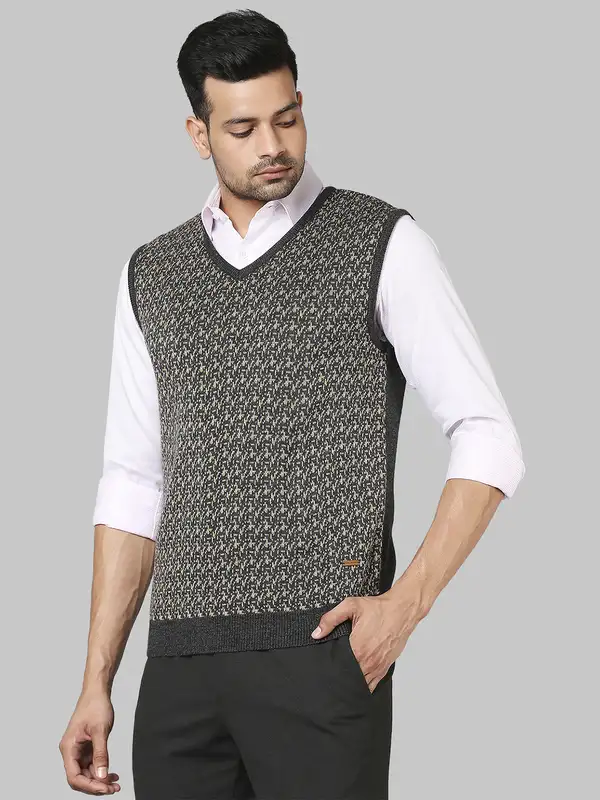 Men Yellow Regular Fit Jacquard Acrylic Sleeveless V Neck Collar Sweaters - Image 3