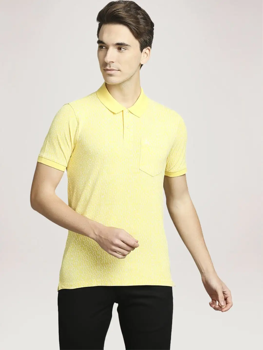 Men Yellow Regular Fit Print Cotton Blend Round Neck Collar Polo T-Shirt