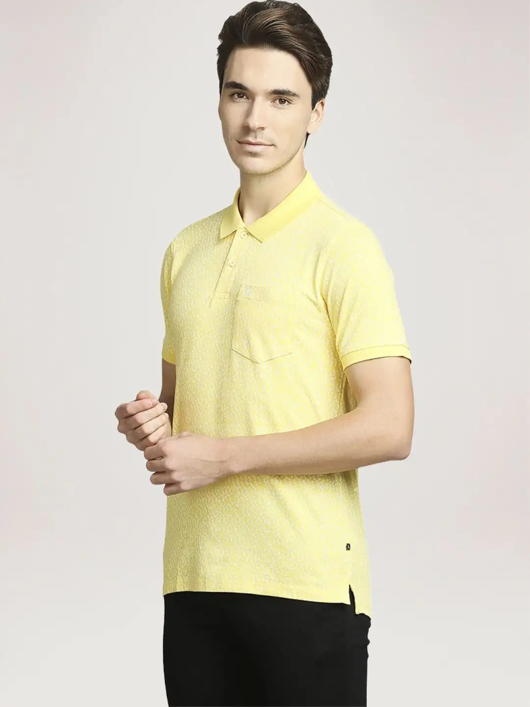 Men Yellow Regular Fit Print Cotton Blend Round Neck Collar Polo T-Shirt - Image 6