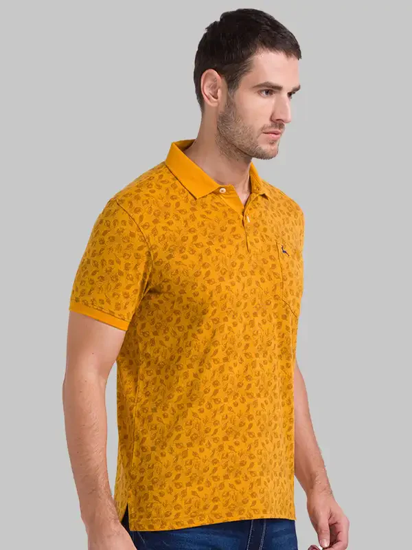 Men Yellow Regular Fit Print Cotton Round Neck Collar Polo T-Shirt - Image 3