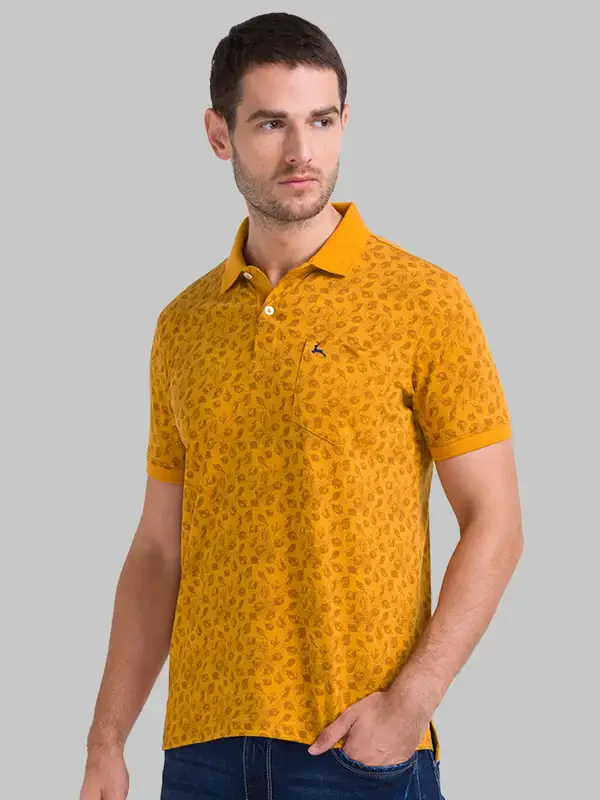 Men Yellow Regular Fit Print Cotton Round Neck Collar Polo T-Shirt - Image 4