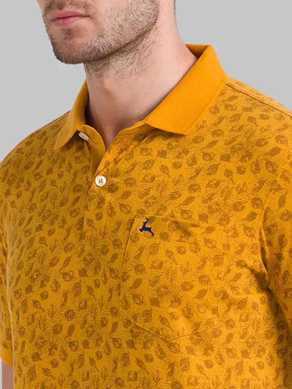 Men Yellow Regular Fit Print Cotton Round Neck Collar Polo T-Shirt - Image 7