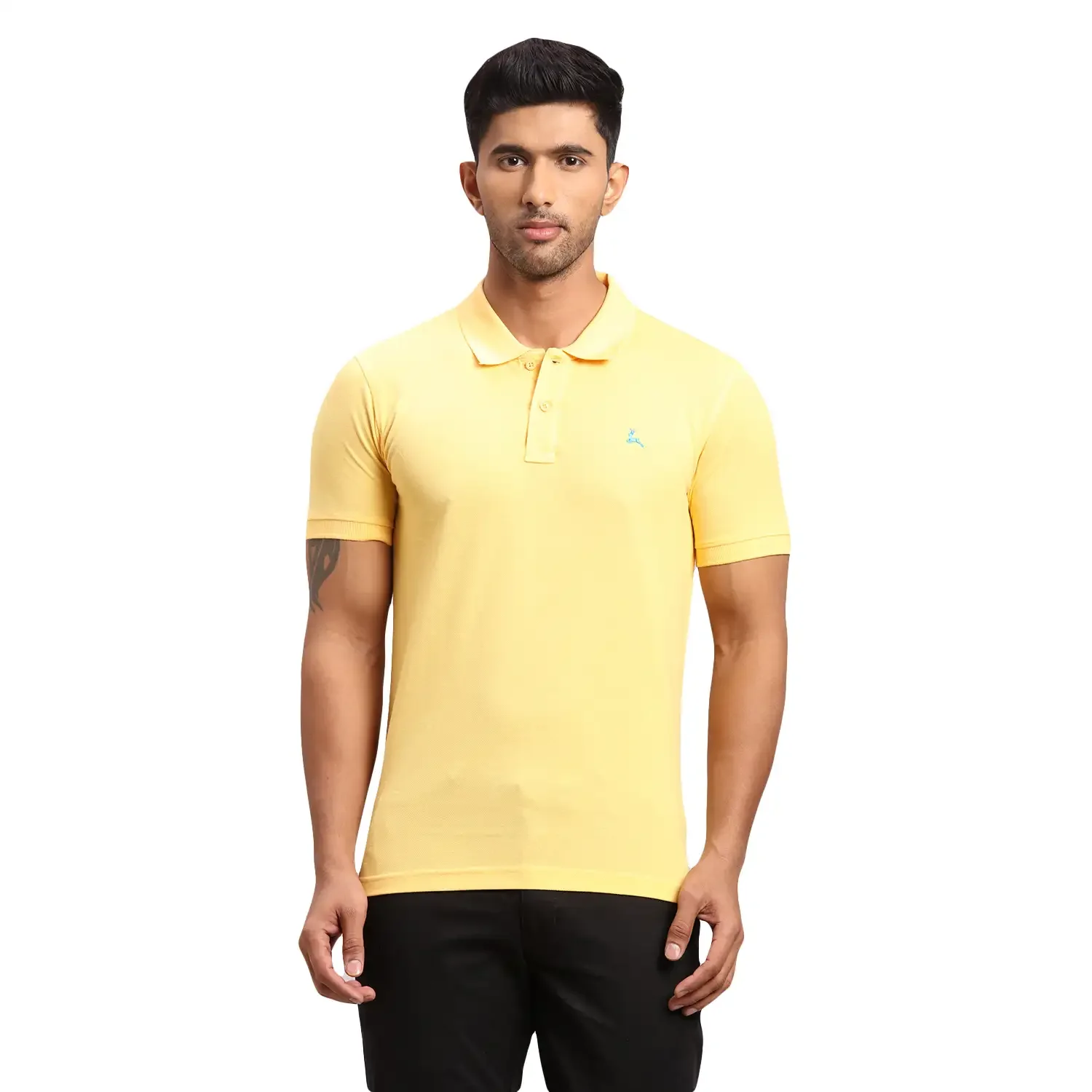 Men Yellow Regular Fit Solid Cotton Polyester Blend Round Neck Collar Polo T-Shirt