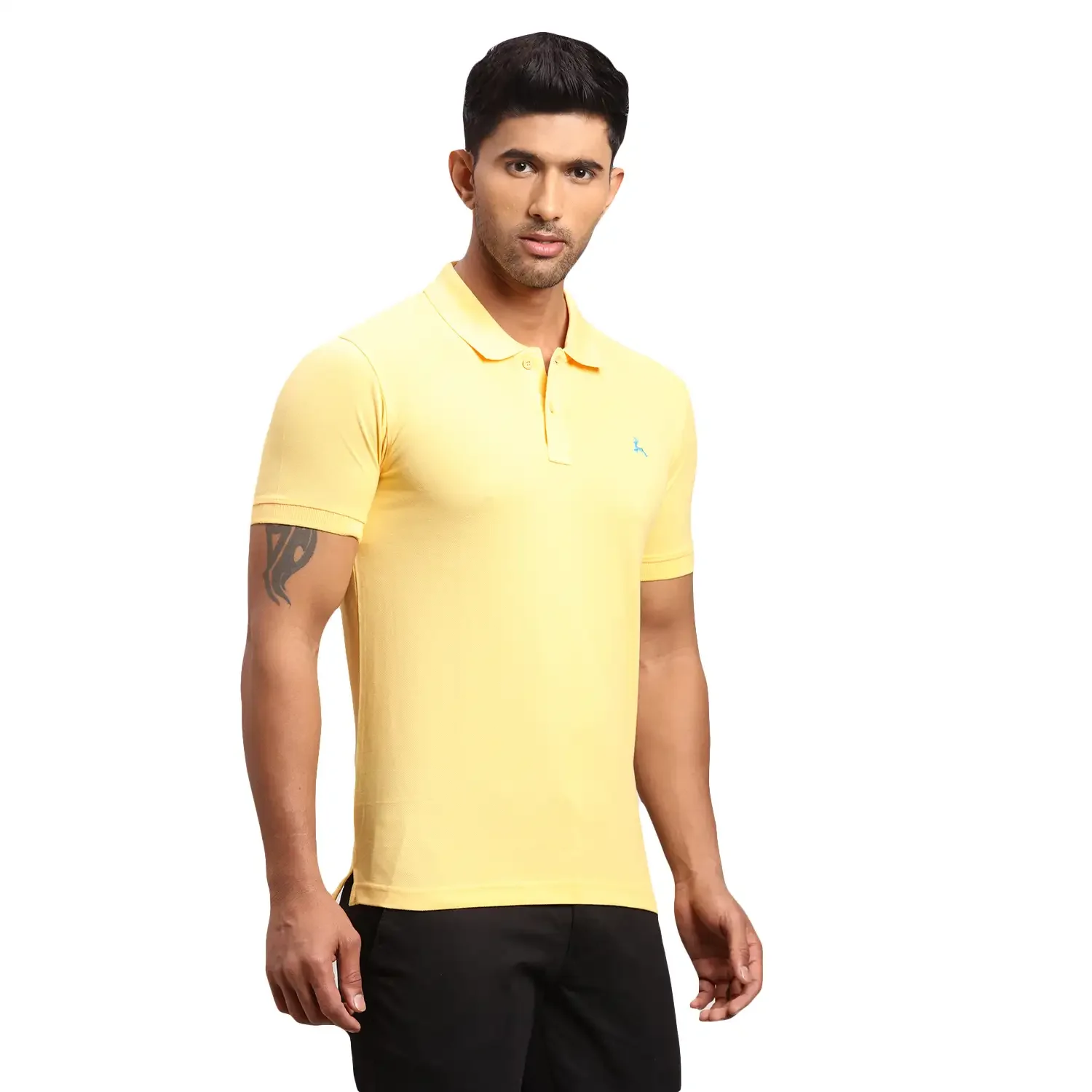 Men Yellow Regular Fit Solid Cotton Polyester Blend Round Neck Collar Polo T-Shirt - Image 2