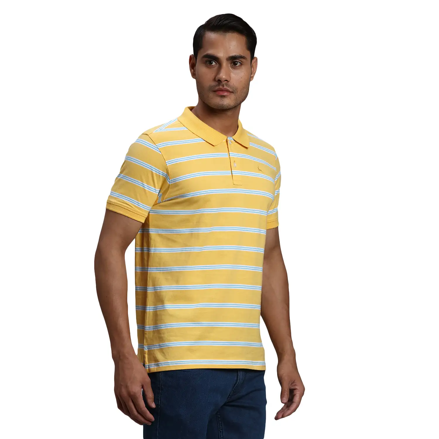 Men Yellow Regular Fit Yarn Dyed Cotton Round Neck Collar Polo T-Shirt - Image 2
