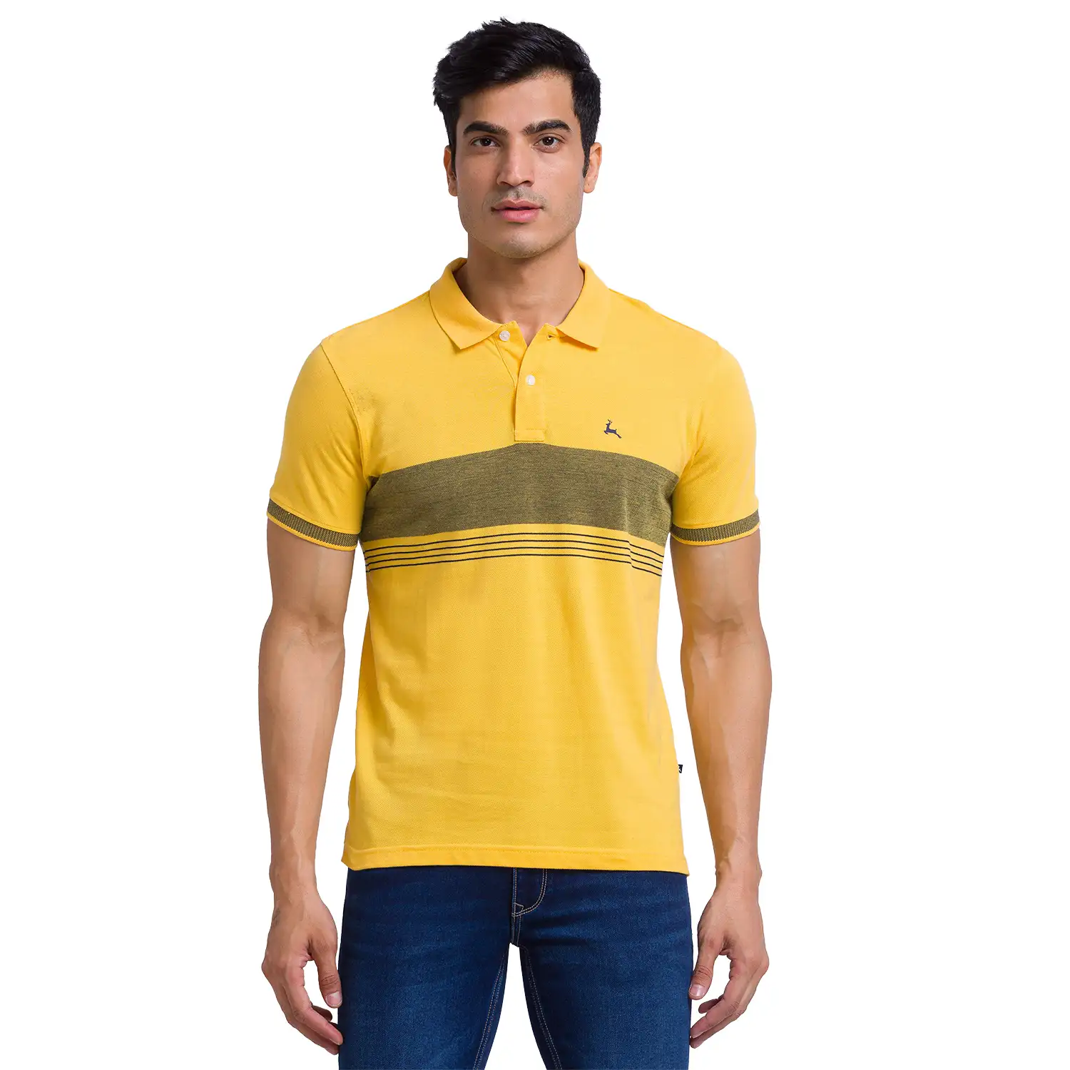 Men Yellow Regular Fit Yarn Dyed Cotton Round Neck Collar Polo T-Shirt