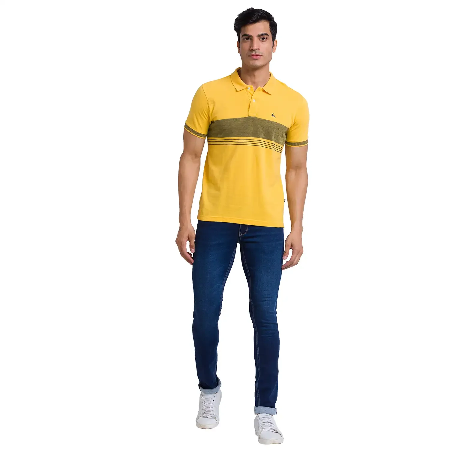 Men Yellow Regular Fit Yarn Dyed Cotton Round Neck Collar Polo T-Shirt - Image 5