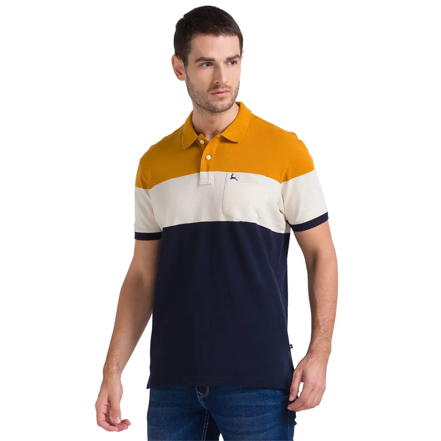 Men Yellow Regular Fit Yarn Dyed Cotton Round Neck Collar Polo T-Shirt - Image 3