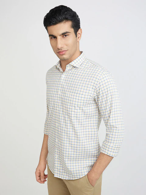 Men Yellow Slim Fit Checks Cotton Cut Away Collar Shirts - Image 3