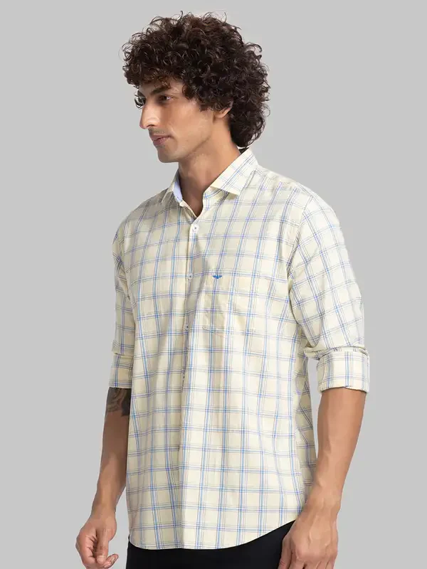 Men Yellow Slim Fit Checks Cotton Cut Away Collar Shirts - Image 3