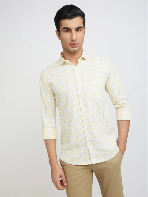 Park Avenue Men Yellow Slim Fit Checks Cotton Shirt